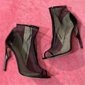 Jerome C. Rousseau Netted Mesh Fishnet Patent Leather Bootie Open Toe Heels